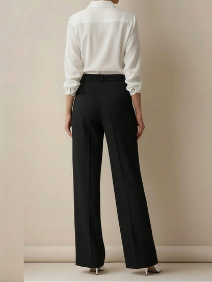 Women's Elegant High Waist Pleated Wide Leg Trousers Casual Office Commuting Drapey Suit Pants With Pockets Black, Effortless Style