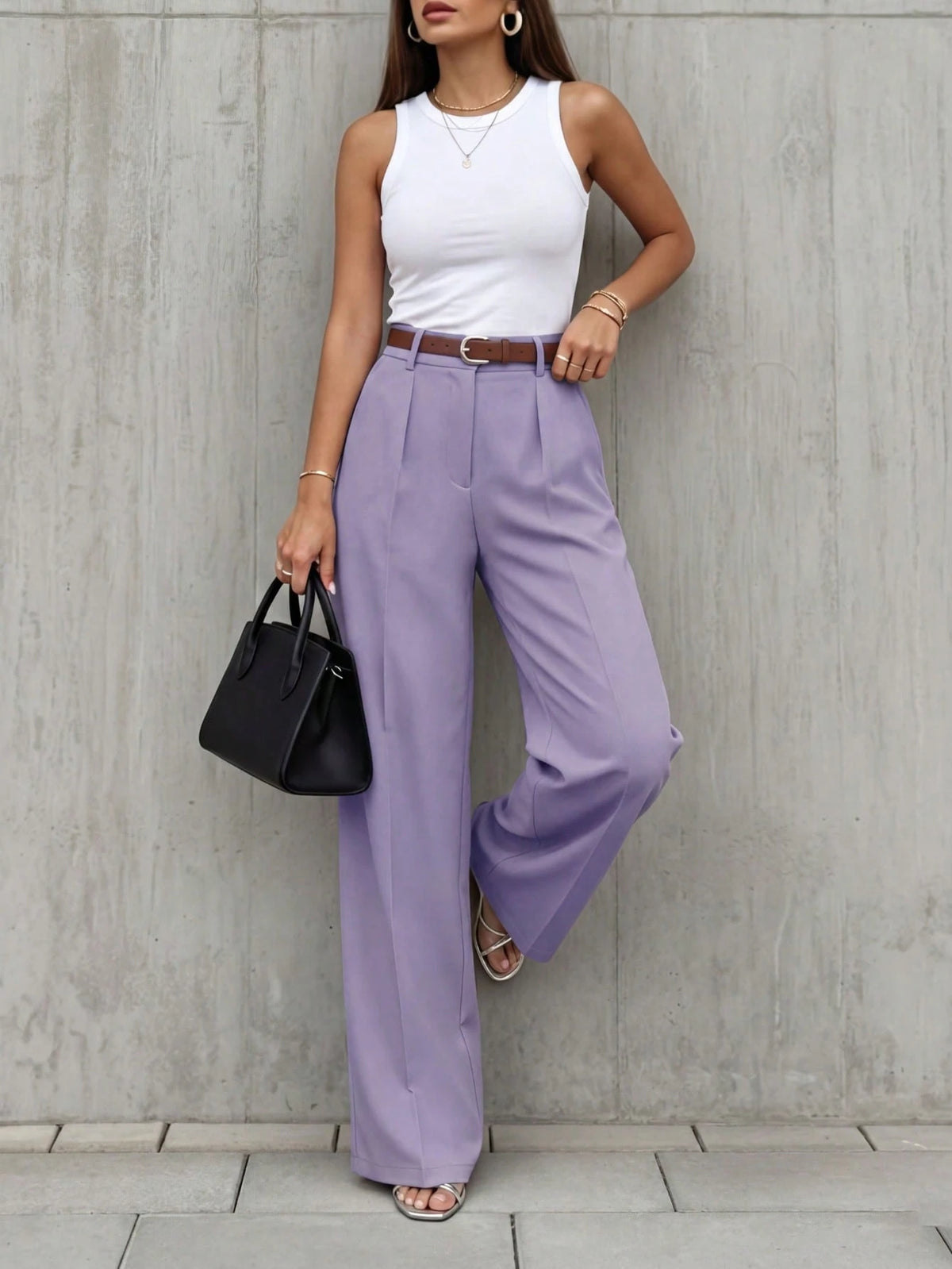 Women's Elegant High Waist Pleated Wide Leg Trousers Casual Office Commuting Drapey Suit Pants With Pockets