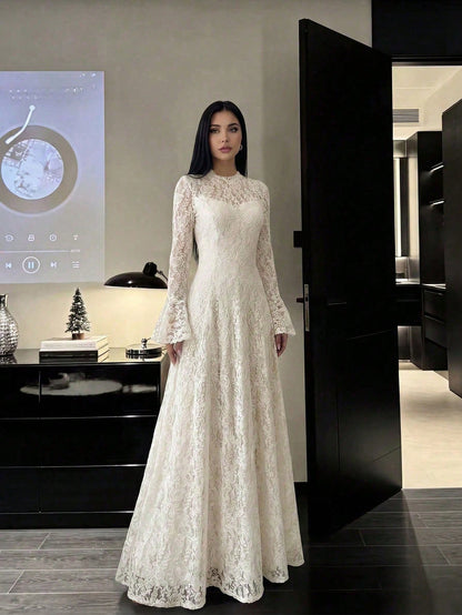 Women's Elegant Lace Patchwork Mock Neck Waist Cinched Slim Fit Luxury Solid Color Dress, Elegant Pleated Ruffle Hem/Flounce Slit Hem, Suitable For Wedding, Chic & Elegant
