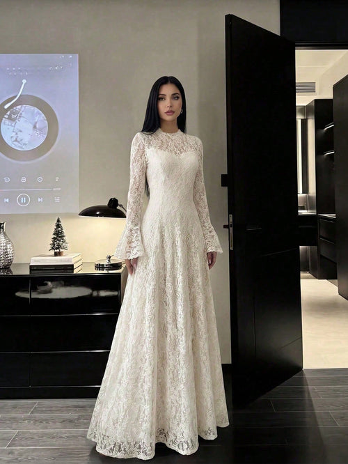 Women's Elegant Lace Patchwork Mock Neck Waist Cinched Slim Fit Luxury Solid Color Dress, Elegant Pleated Ruffle Hem/Flounce Slit Hem, Suitable For Wedding, Chic & Elegant