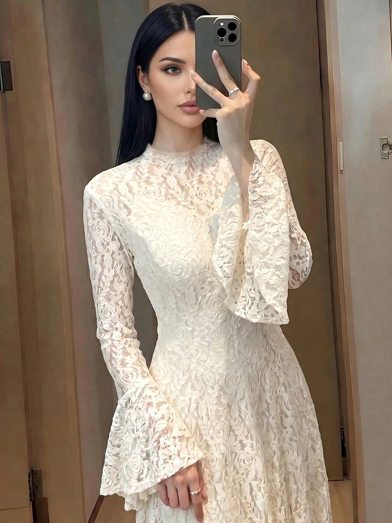 Women's Elegant Lace Patchwork Mock Neck Waist Cinched Slim Fit Luxury Solid Color Dress, Elegant Pleated Ruffle Hem/Flounce Slit Hem, Suitable For Wedding, Chic & Elegant