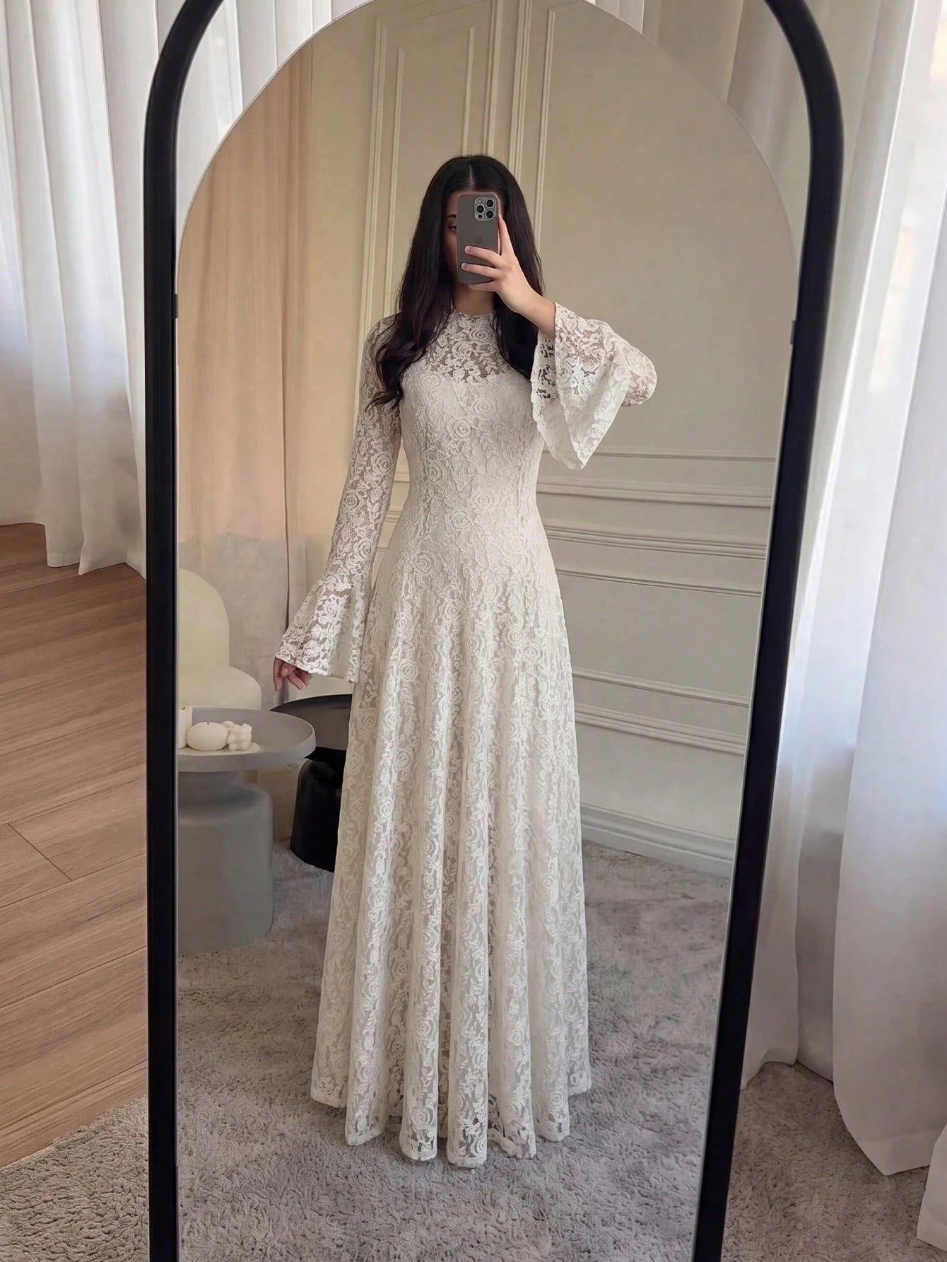 Women's Elegant Lace Patchwork Mock Neck Waist Cinched Slim Fit Luxury Solid Color Dress, Elegant Pleated Ruffle Hem/Flounce Slit Hem, Suitable For Wedding, Chic & Elegant