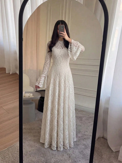 Women's Elegant Lace Patchwork Mock Neck Waist Cinched Slim Fit Luxury Solid Color Dress, Elegant Pleated Ruffle Hem/Flounce Slit Hem, Suitable For Wedding, Chic & Elegant