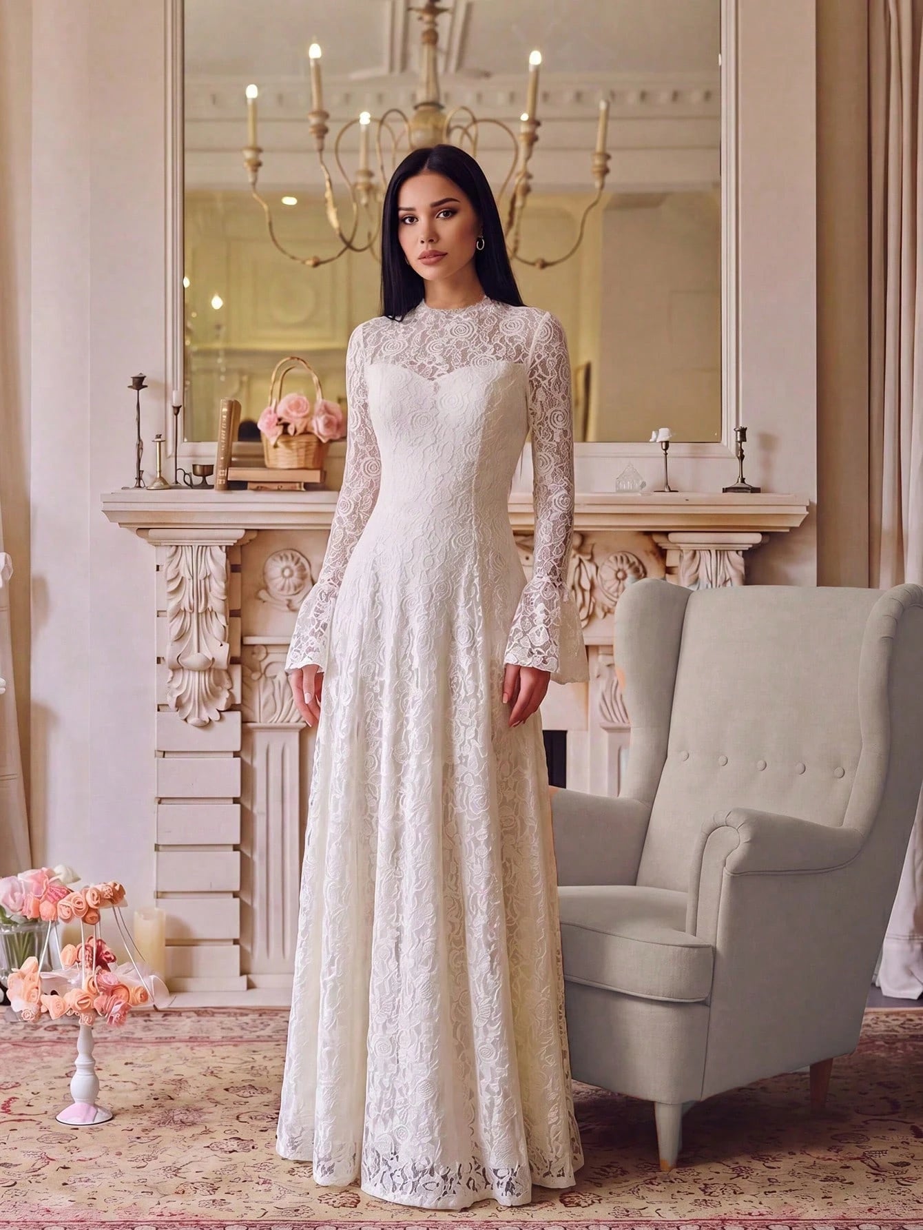Women's Elegant Lace Patchwork Mock Neck Waist Cinched Slim Fit Luxury Solid Color Dress, Elegant Pleated Ruffle Hem/Flounce Slit Hem, Suitable For Wedding, Chic & Elegant