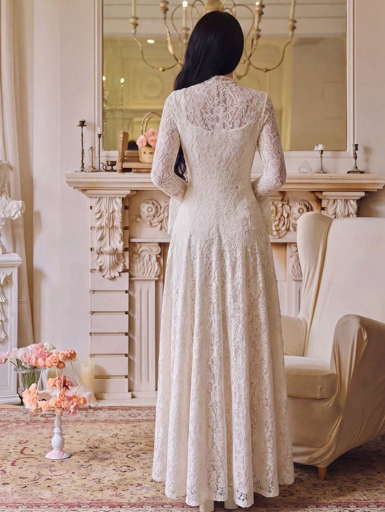 Women's Elegant Lace Patchwork Mock Neck Waist Cinched Slim Fit Luxury Solid Color Dress, Elegant Pleated Ruffle Hem/Flounce Slit Hem, Suitable For Wedding, Chic & Elegant