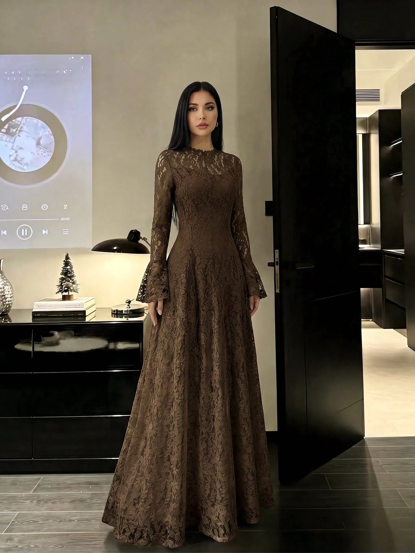 Women's Elegant Lace Patchwork Mock Neck Waist Cinched Slim Fit Luxury Solid Color Dress, Elegant Pleated Ruffle Hem/Flounce Slit Hem, Suitable For Wedding, Chic & Elegant
