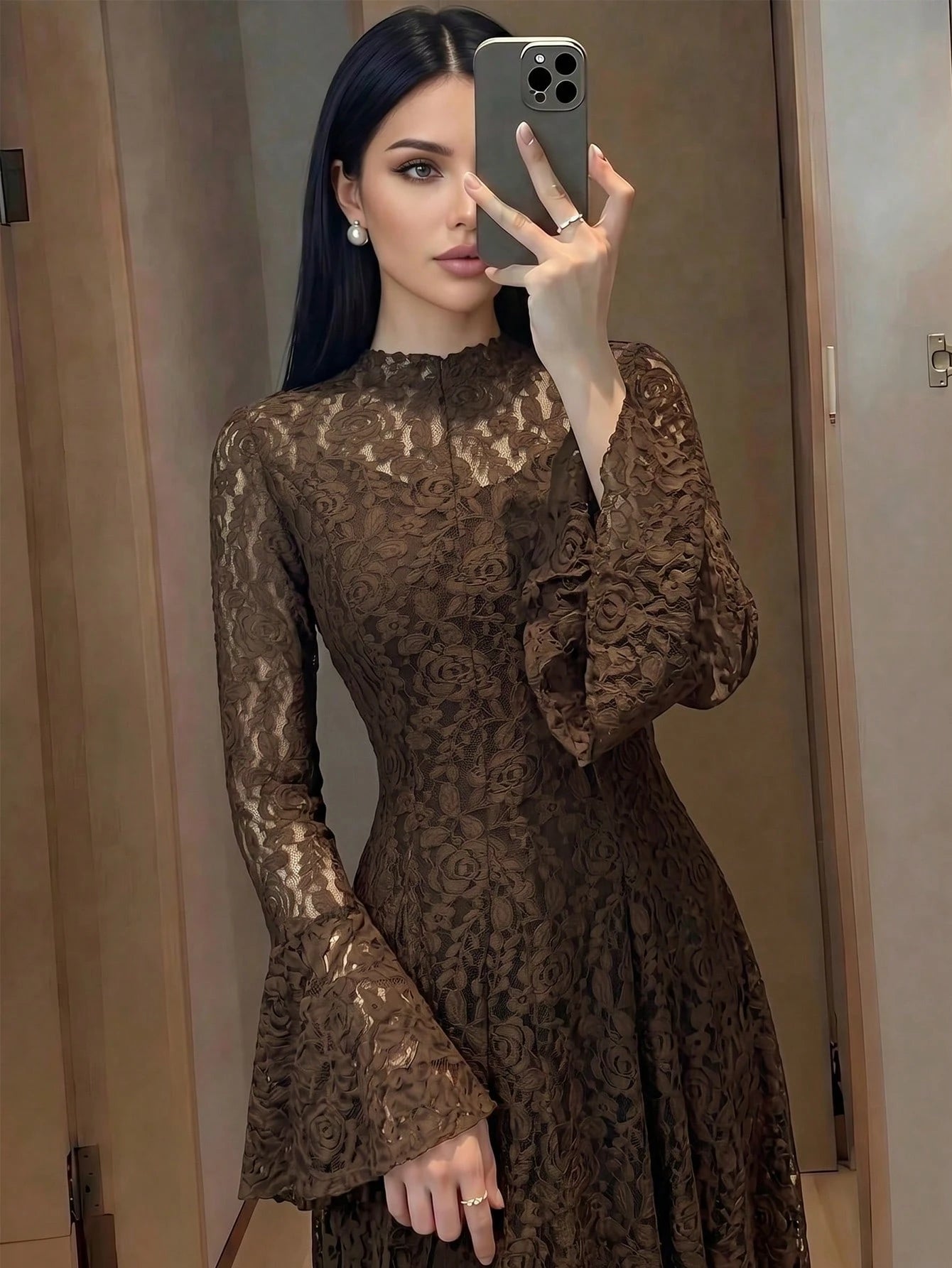 Women's Elegant Lace Patchwork Mock Neck Waist Cinched Slim Fit Luxury Solid Color Dress, Elegant Pleated Ruffle Hem/Flounce Slit Hem, Suitable For Wedding, Chic & Elegant
