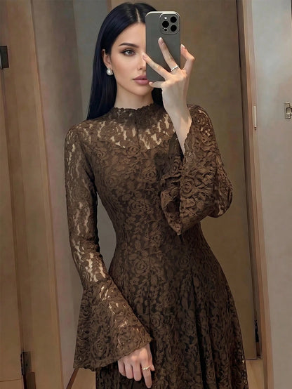 Women's Elegant Lace Patchwork Mock Neck Waist Cinched Slim Fit Luxury Solid Color Dress, Elegant Pleated Ruffle Hem/Flounce Slit Hem, Suitable For Wedding, Chic & Elegant