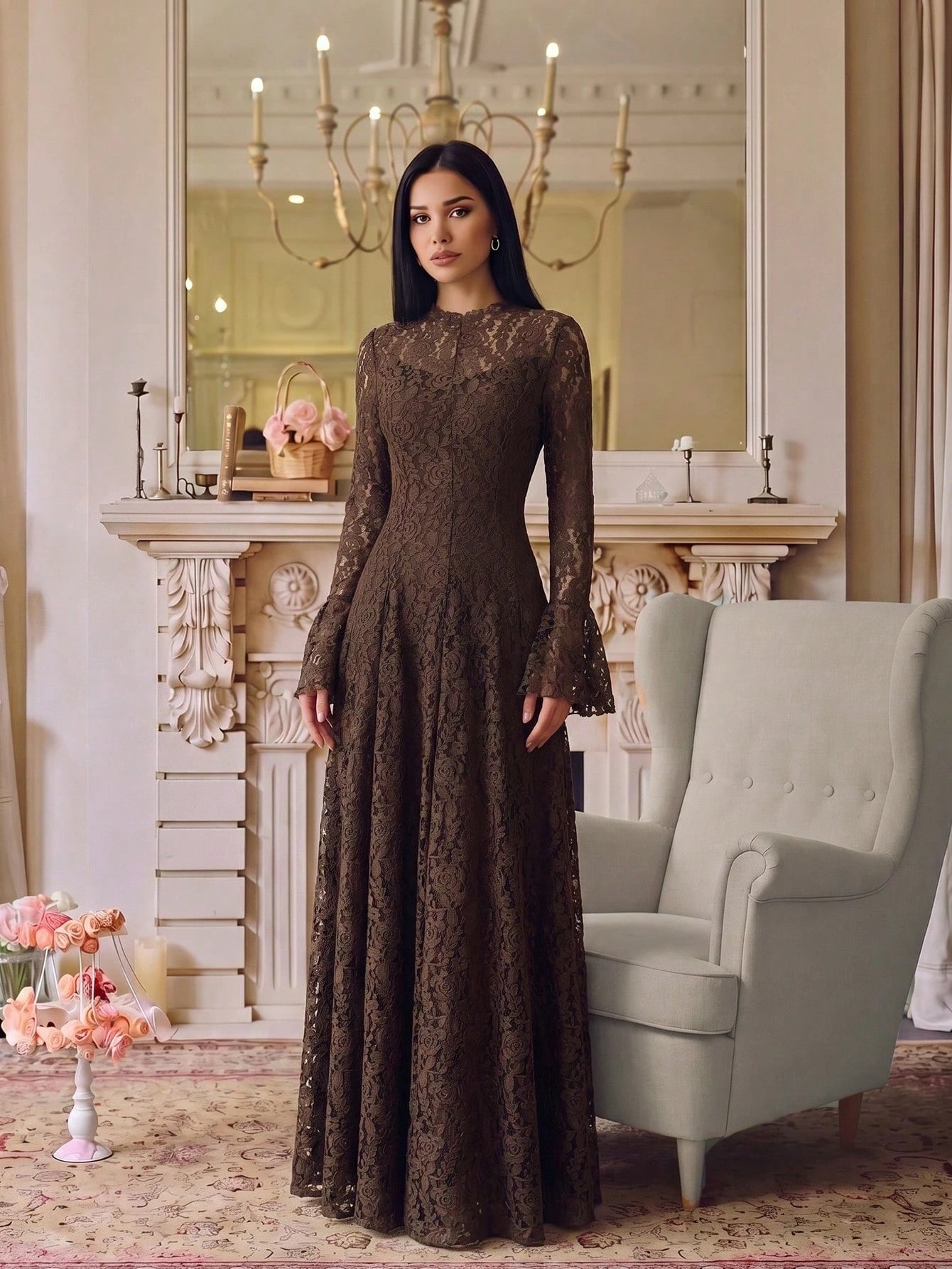 Women's Elegant Lace Patchwork Mock Neck Waist Cinched Slim Fit Luxury Solid Color Dress, Elegant Pleated Ruffle Hem/Flounce Slit Hem, Suitable For Wedding, Chic & Elegant