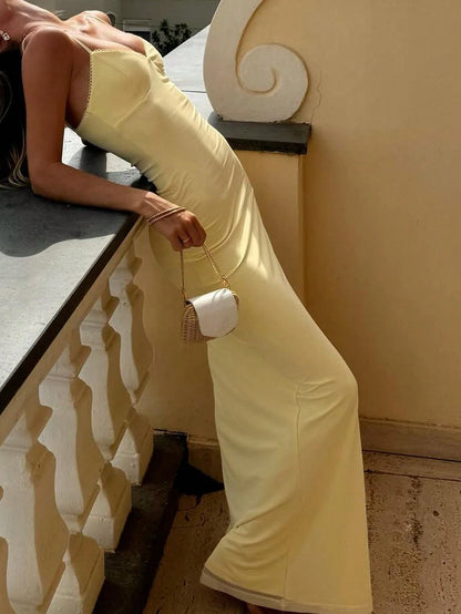 Women's Elegant Romantic Sunset Date Night Valentine's Day Sweet Fitted Lace Mesh Maxi Butter Yellow Dress Party Spring Summer, Wedding Guest