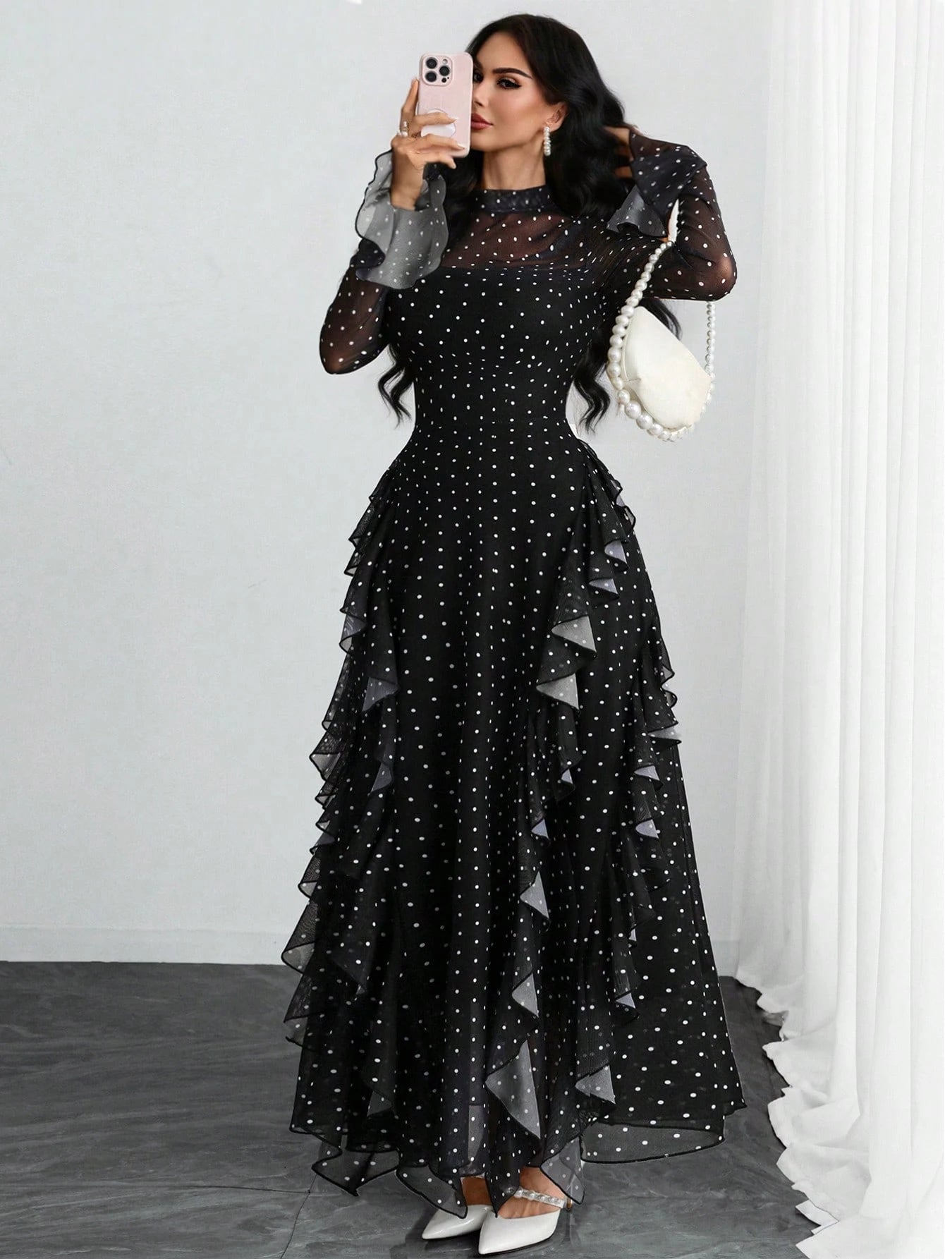 Women's Elegant Sexy Retro Mandarin Collar Long Sleeve Y2K Romantic Ruffle Double Layer Long Sleeve Asymmetrical Abstract Leopard Print Dress, Suitable For Daily Dates, Holidays And Vacations Black