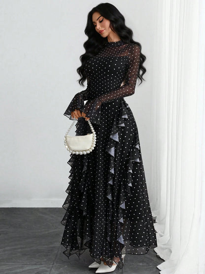 Women's Elegant Sexy Retro Mandarin Collar Long Sleeve Y2K Romantic Ruffle Double Layer Long Sleeve Asymmetrical Abstract Leopard Print Dress, Suitable For Daily Dates, Holidays And Vacations Black
