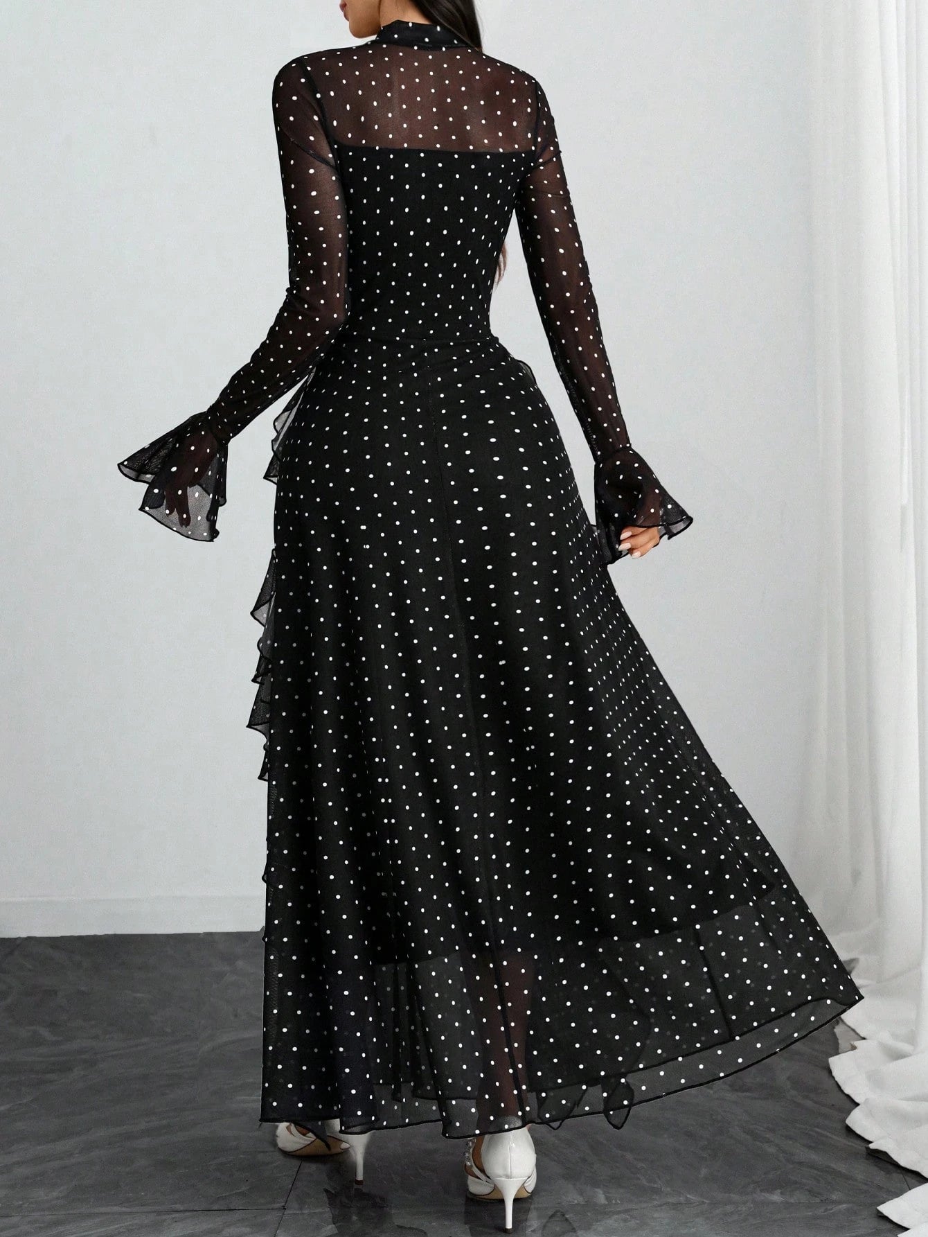 Women's Elegant Sexy Retro Mandarin Collar Long Sleeve Y2K Romantic Ruffle Double Layer Long Sleeve Asymmetrical Abstract Leopard Print Dress, Suitable For Daily Dates, Holidays And Vacations Black