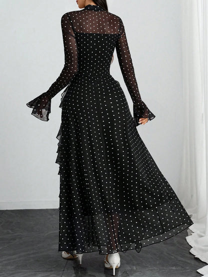 Women's Elegant Sexy Retro Mandarin Collar Long Sleeve Y2K Romantic Ruffle Double Layer Long Sleeve Asymmetrical Abstract Leopard Print Dress, Suitable For Daily Dates, Holidays And Vacations Black