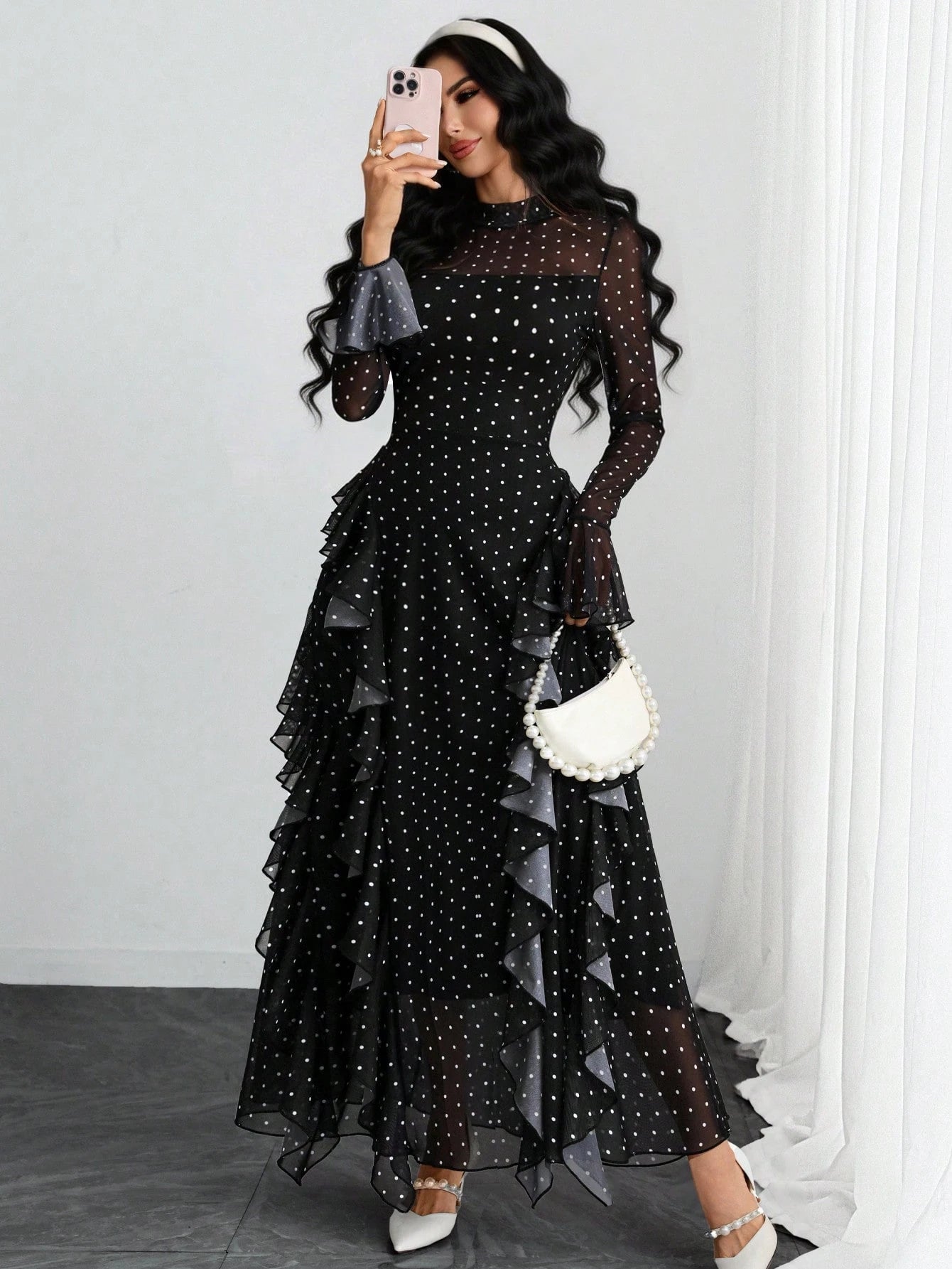 Women's Elegant Sexy Retro Mandarin Collar Long Sleeve Y2K Romantic Ruffle Double Layer Long Sleeve Asymmetrical Abstract Leopard Print Dress, Suitable For Daily Dates, Holidays And Vacations Black