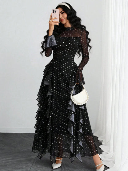 Women's Elegant Sexy Retro Mandarin Collar Long Sleeve Y2K Romantic Ruffle Double Layer Long Sleeve Asymmetrical Abstract Leopard Print Dress, Suitable For Daily Dates, Holidays And Vacations Black