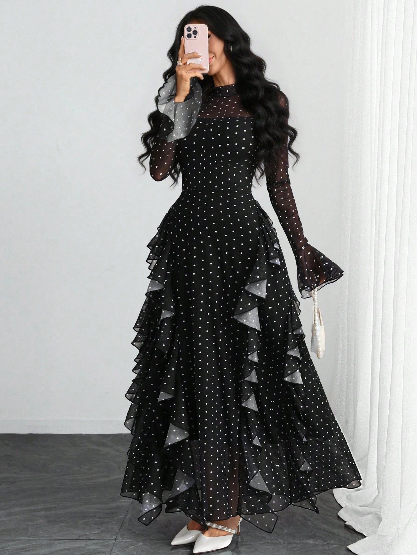 Women's Elegant Sexy Retro Mandarin Collar Long Sleeve Y2K Romantic Ruffle Double Layer Long Sleeve Asymmetrical Abstract Leopard Print Dress, Suitable For Daily Dates, Holidays And Vacations Black