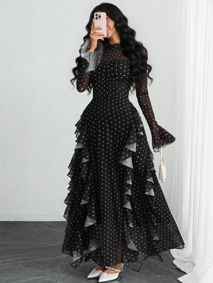 Women's Elegant Sexy Retro Mandarin Collar Long Sleeve Y2K Romantic Ruffle Double Layer Long Sleeve Asymmetrical Abstract Leopard Print Dress, Suitable For Daily Dates, Holidays And Vacations Black