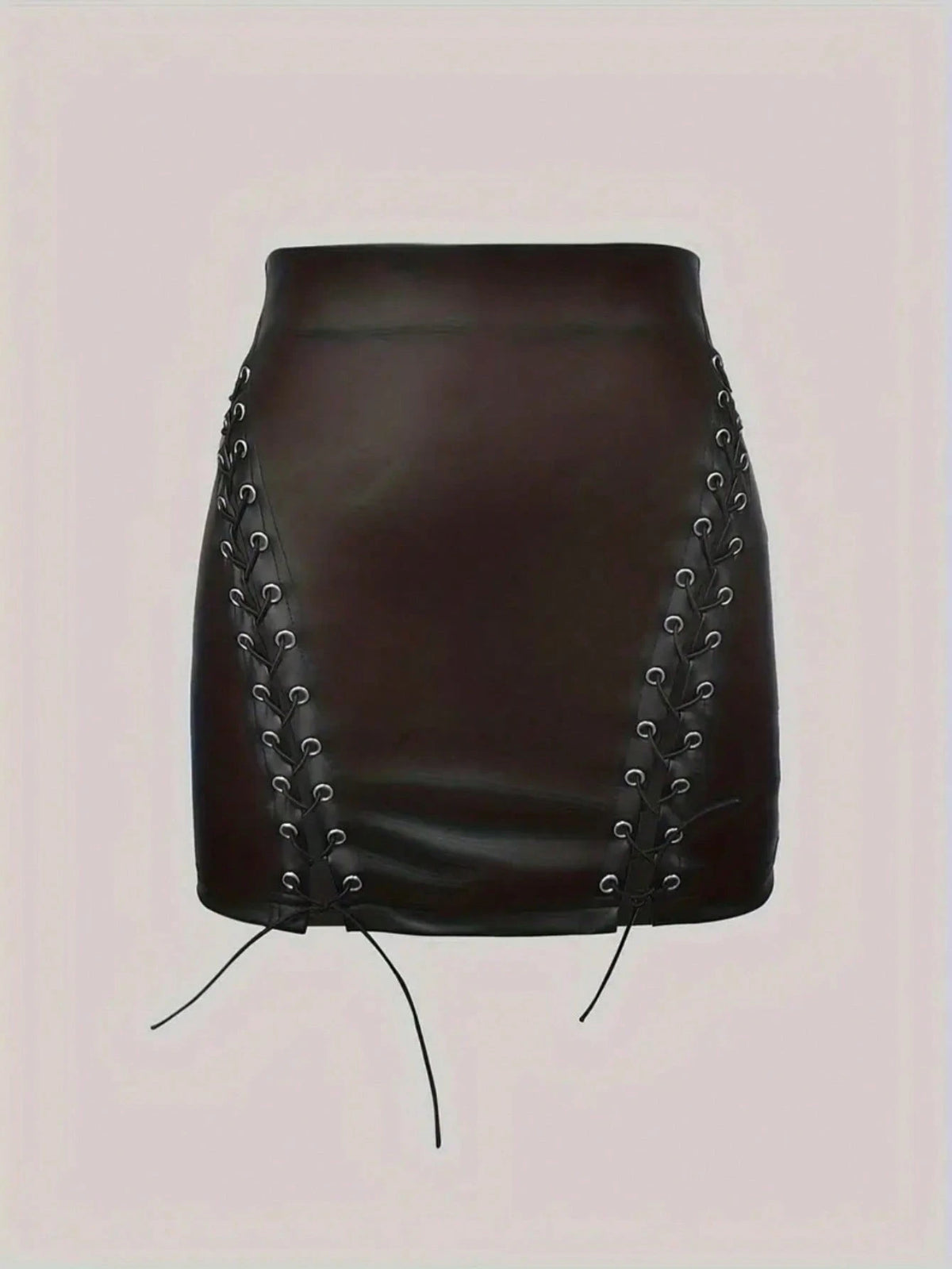 Women's European & American Style Casual Plain Color Leather Belt Bodycon Mini Skirt Black Spring