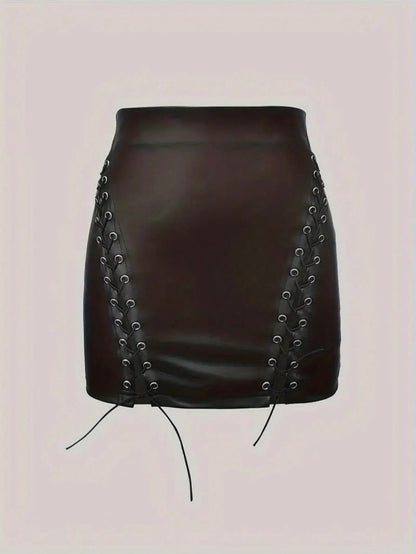 Women's European & American Style Casual Plain Color Leather Belt Bodycon Mini Skirt Black Spring