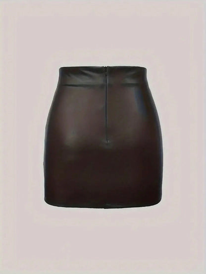 Women's European & American Style Casual Plain Color Leather Belt Bodycon Mini Skirt Black Spring