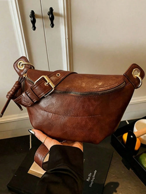 Women's Fashion Chain Chest Bag, PU Material, Zipper Closure, Portable Phone Pouch, Waist Bag, Solid Color Minimalist Style, Crossbody Bag, Suitable For Shopping, Dating, Outings, Compact Size