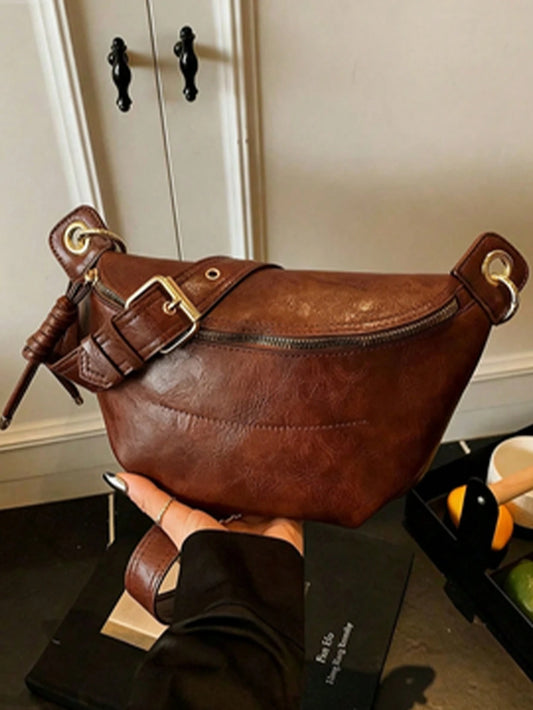 Women's Fashion Chain Chest Bag, PU Material, Zipper Closure, Portable Phone Pouch, Waist Bag, Solid Color Minimalist Style, Crossbody Bag, Suitable For Shopping, Dating, Outings, Compact Size