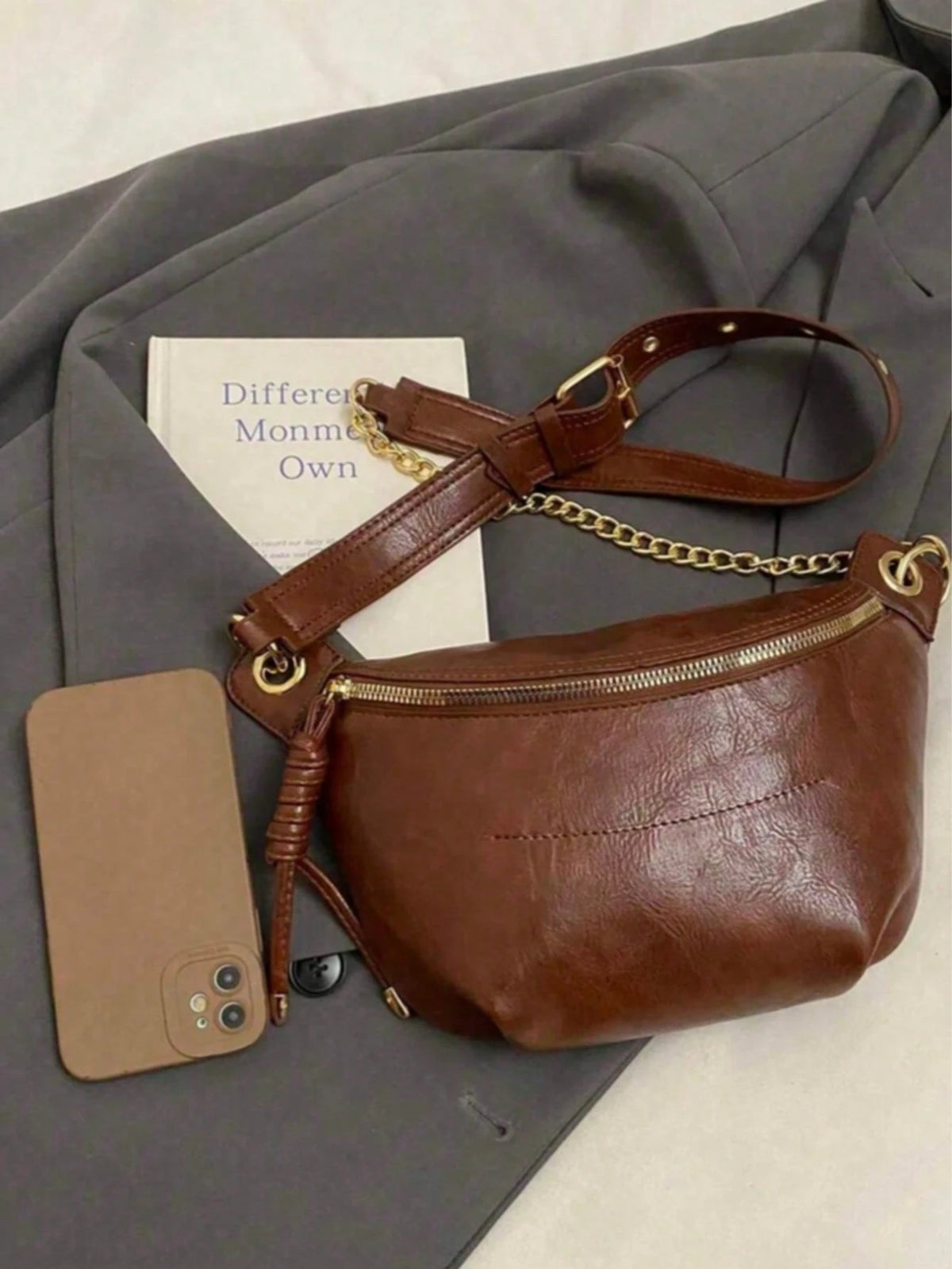 Women's Fashion Chain Chest Bag, PU Material, Zipper Closure, Portable Phone Pouch, Waist Bag, Solid Color Minimalist Style, Crossbody Bag, Suitable For Shopping, Dating, Outings, Compact Size