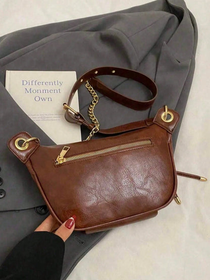 Women's Fashion Chain Chest Bag, PU Material, Zipper Closure, Portable Phone Pouch, Waist Bag, Solid Color Minimalist Style, Crossbody Bag, Suitable For Shopping, Dating, Outings, Compact Size