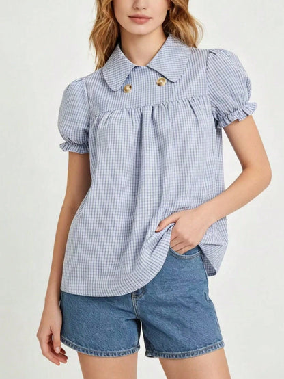 Women's Fashion Plaid Short Sleeve Shirt Summer