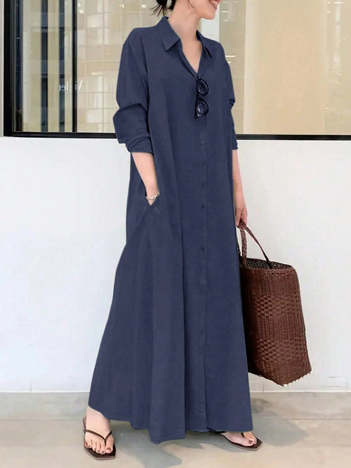 Women's Fashion Solid Color Long Sleeve Shirt Dress Casual Spring Elegant