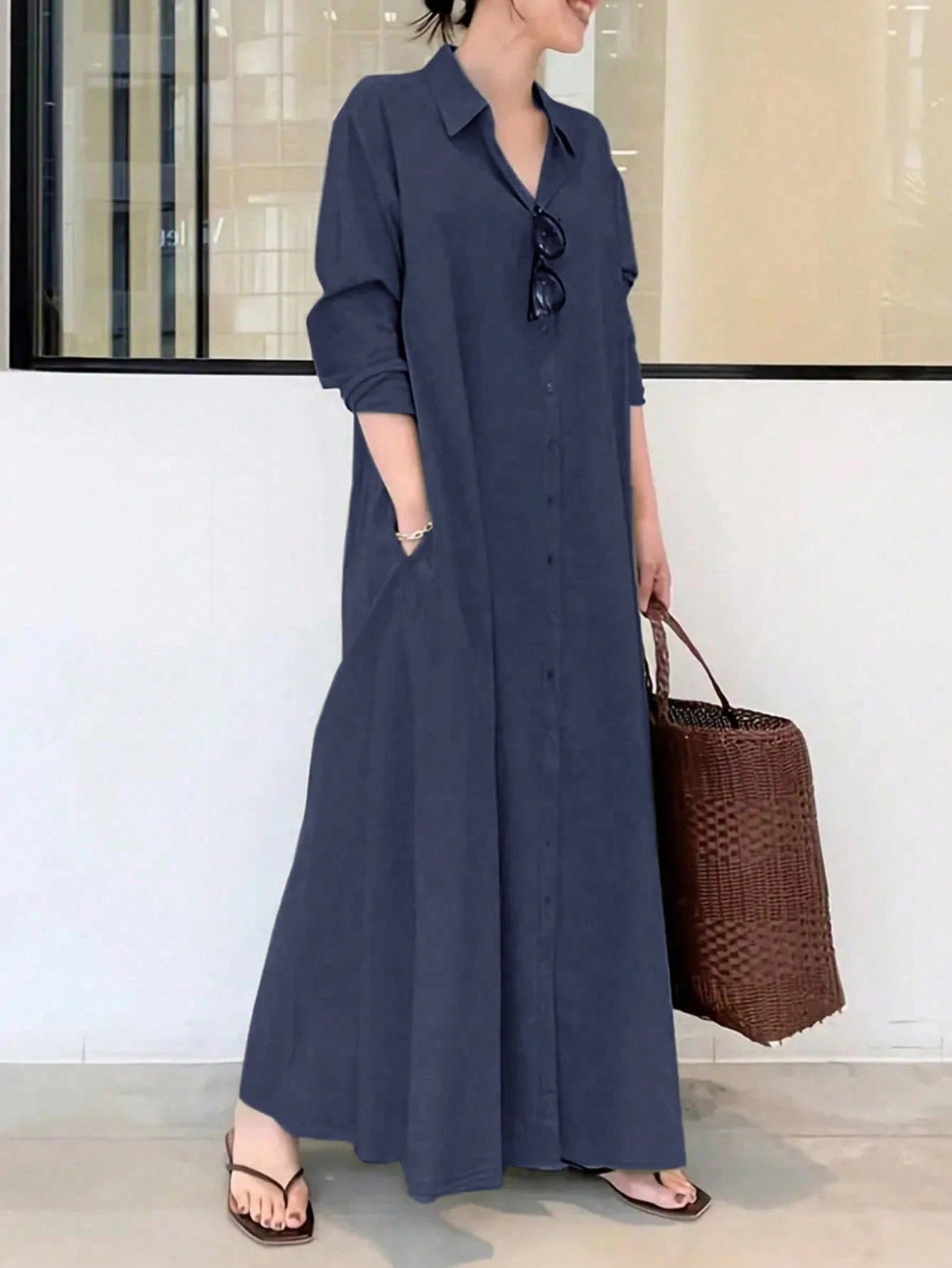 Women's Fashion Solid Color Long Sleeve Shirt Dress Casual Spring Elegant