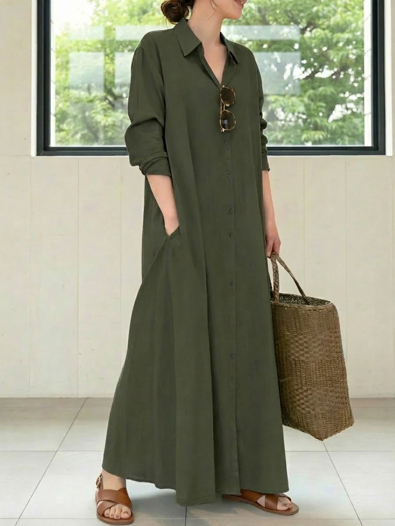 Women's Fashion Solid Color Long Sleeve Shirt Dress Casual Spring Elegant