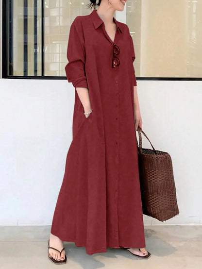 Women's Fashion Solid Color Long Sleeve Shirt Dress Casual Spring Elegant