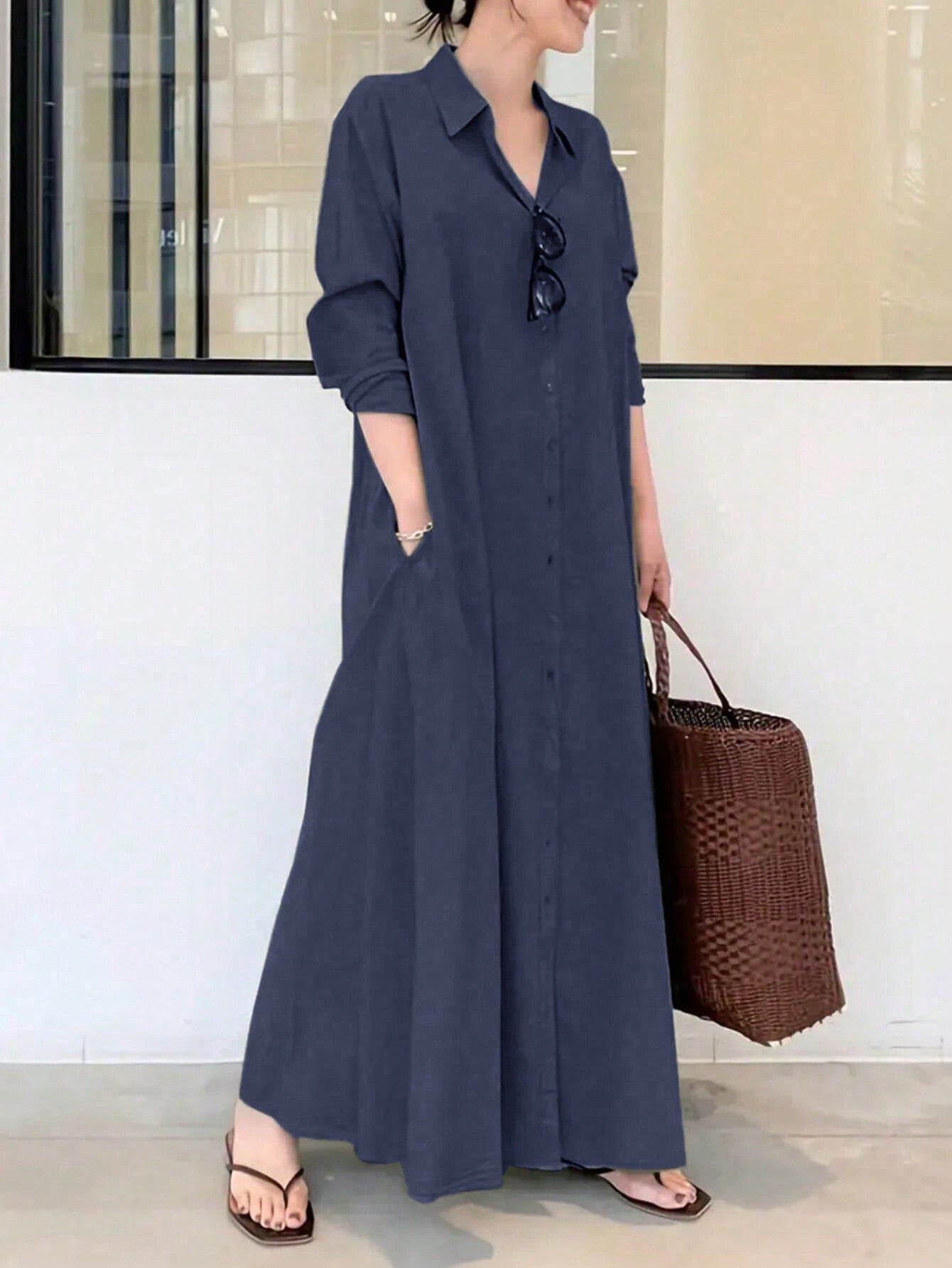 Women's Fashion Solid Color Long Sleeve Shirt Dress Casual Spring Elegant
