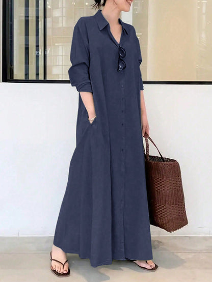 Women's Fashion Solid Color Long Sleeve Shirt Dress Casual Spring Elegant