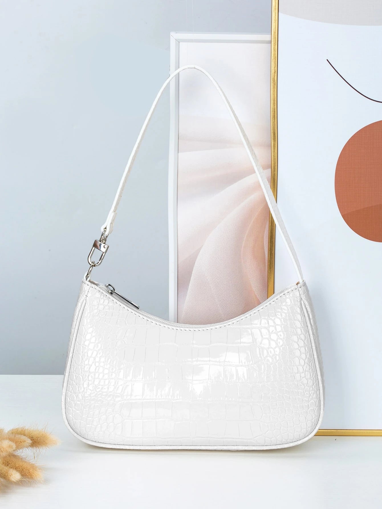 Women's Fashion Versatile Simple Solid Color Crocodile Texture Underarm Bag, Old Money, Cream Bag, White Bag