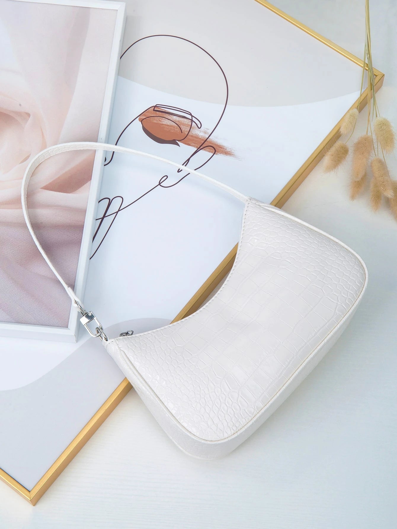Women's Fashion Versatile Simple Solid Color Crocodile Texture Underarm Bag, Old Money, Cream Bag, White Bag