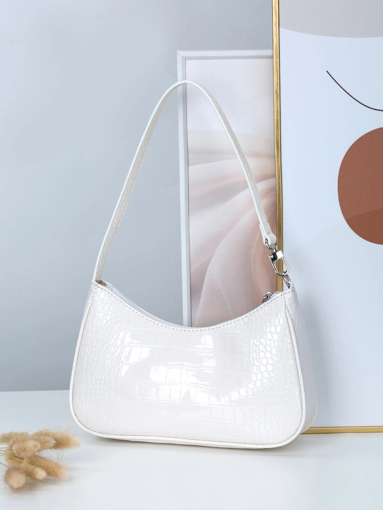 Women's Fashion Versatile Simple Solid Color Crocodile Texture Underarm Bag, Old Money, Cream Bag, White Bag