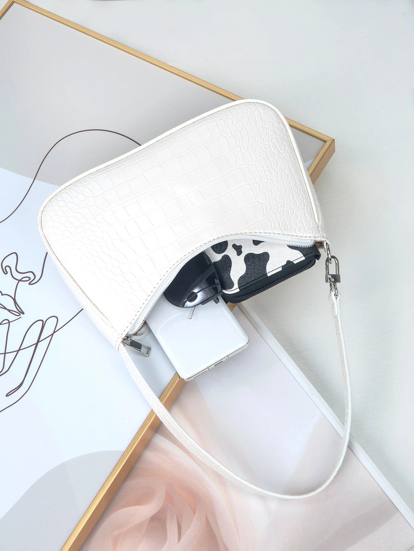 Women's Fashion Versatile Simple Solid Color Crocodile Texture Underarm Bag, Old Money, Cream Bag, White Bag