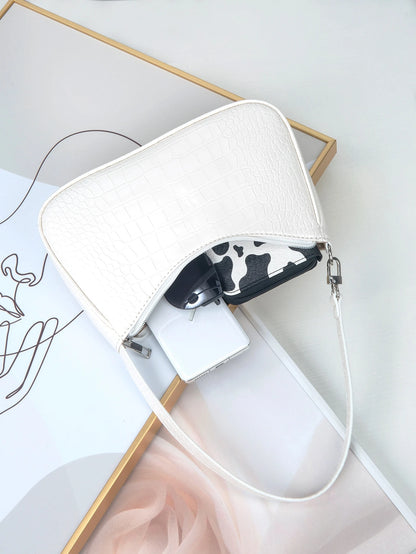 Women's Fashion Versatile Simple Solid Color Crocodile Texture Underarm Bag, Old Money, Cream Bag, White Bag