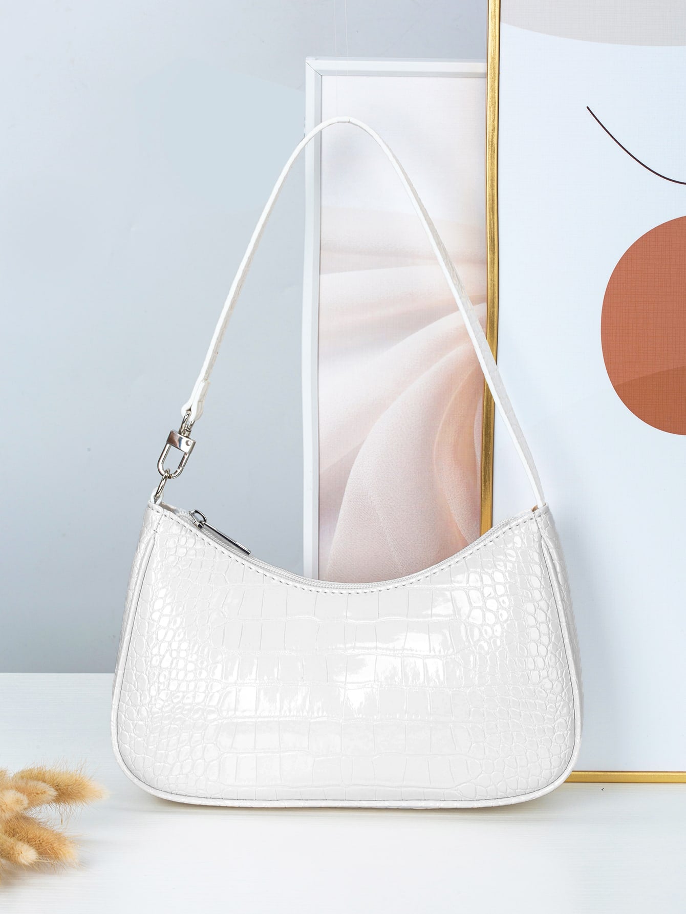 Women's Fashion Versatile Simple Solid Color Crocodile Texture Underarm Bag, Old Money, Cream Bag, White Bag