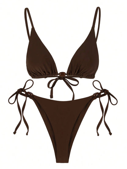 Women's Fashionable Elegant Brown Sexy Spaghetti Strap Beaded Bikini Set, Suitable For Beach, Party, Gathering Vacation Summer