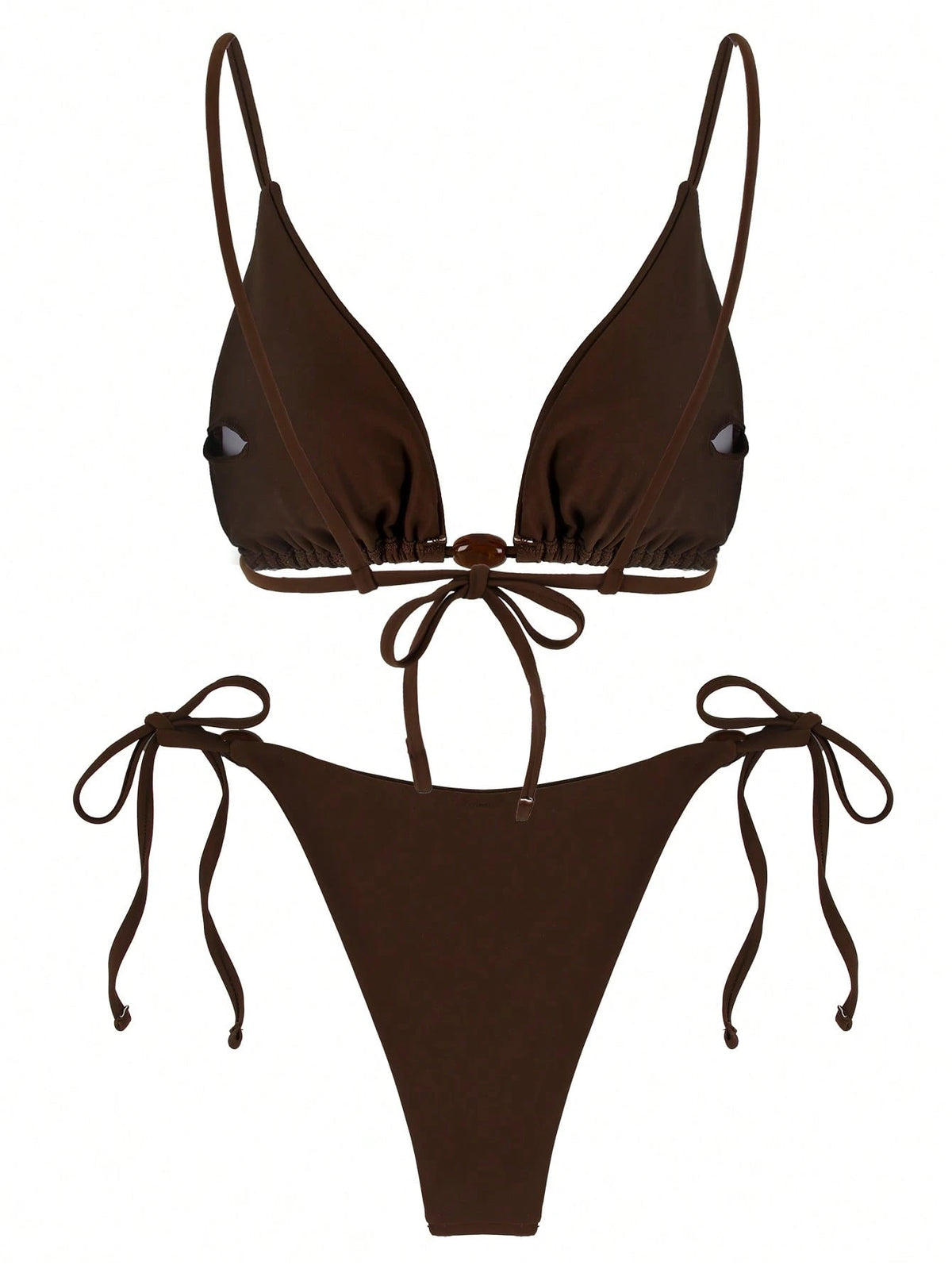 Women's Fashionable Elegant Brown Sexy Spaghetti Strap Beaded Bikini Set, Suitable For Beach, Party, Gathering Vacation Summer