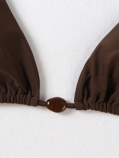 Women's Fashionable Elegant Brown Sexy Spaghetti Strap Beaded Bikini Set, Suitable For Beach, Party, Gathering Vacation Summer