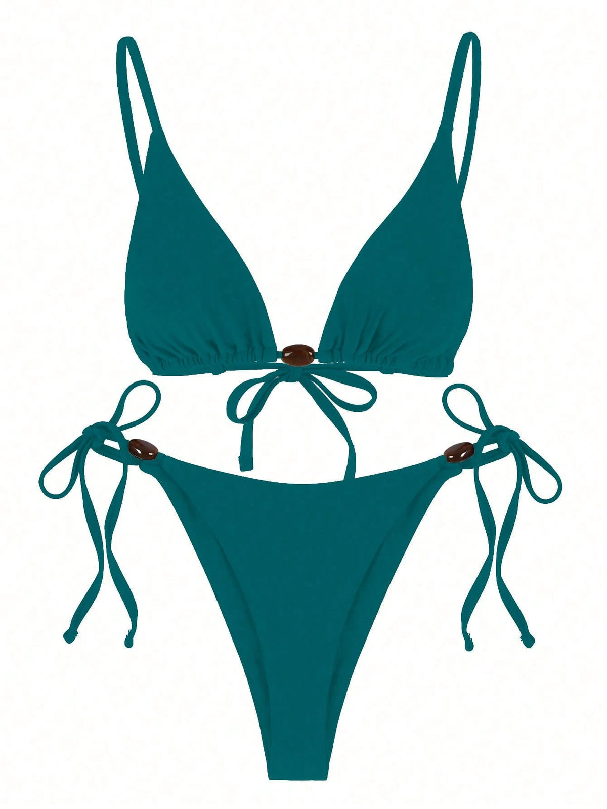 Women's Fashionable Elegant Brown Sexy Spaghetti Strap Beaded Bikini Set, Suitable For Beach, Party, Gathering Vacation Summer
