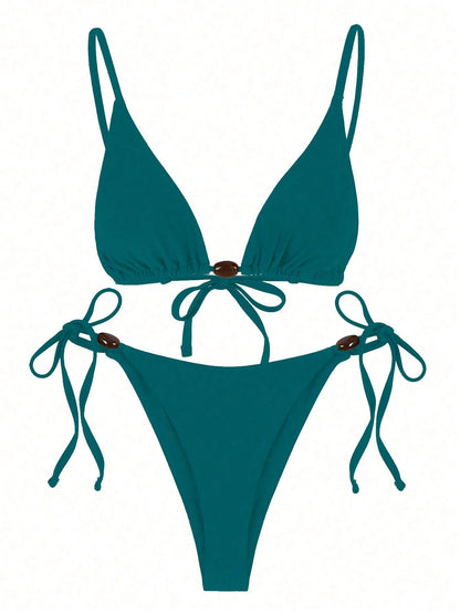 Women's Fashionable Elegant Brown Sexy Spaghetti Strap Beaded Bikini Set, Suitable For Beach, Party, Gathering Vacation Summer
