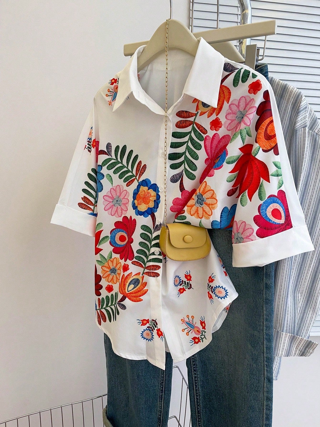 Women's Floral Print Batwing Sleeve Short Sleeve Casual Vacation Loose Shirt, Summer White