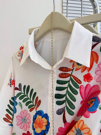 Women's Floral Print Batwing Sleeve Short Sleeve Casual Vacation Loose Shirt, Summer White