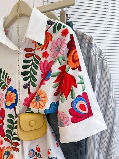 Women's Floral Print Batwing Sleeve Short Sleeve Casual Vacation Loose Shirt, Summer White